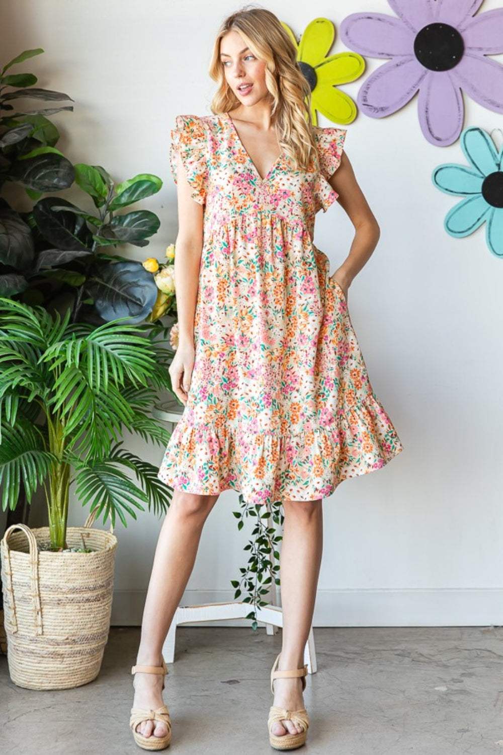 Heimish Full Size Floral Ruffled V-Neck Dress - Trendsi - Flyclothing LLC