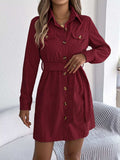 Button-Front Corduroy Shirt Dress - Trendsi - Flyclothing LLC