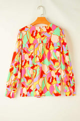 Contrast Print Round Neck Long Sleeve Blouse - Trendsi - Flyclothing LLC