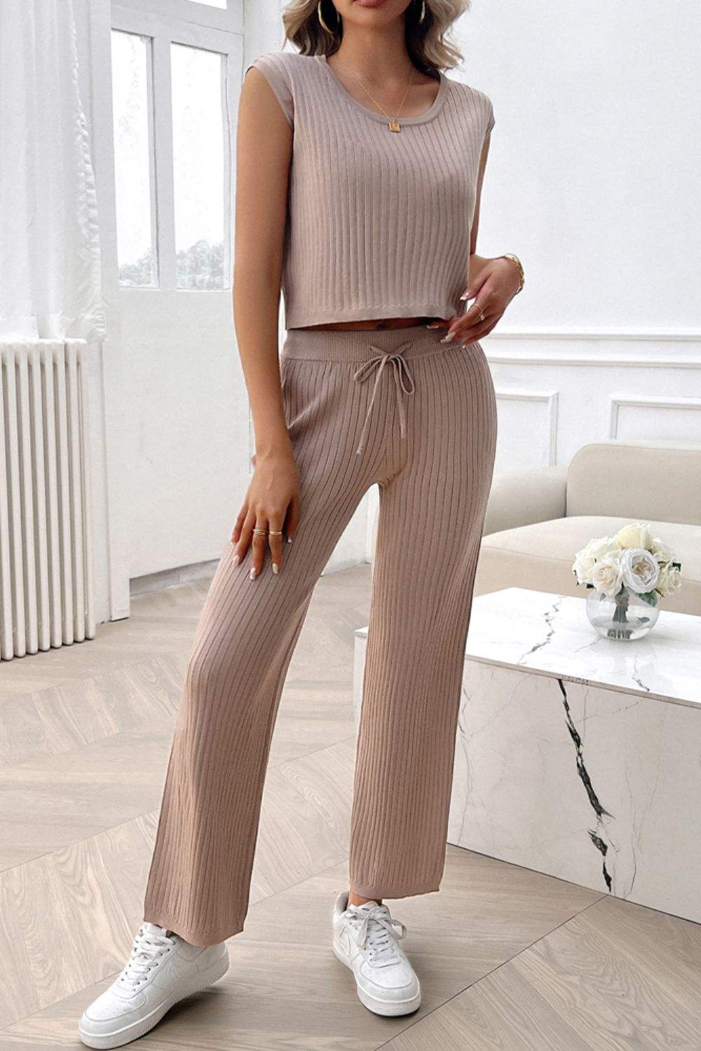 Ribbed Round Neck Top and Pants Set - Trendsi - Flyclothing LLC