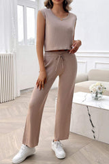 Ribbed Round Neck Top and Pants Set - Trendsi - Flyclothing LLC