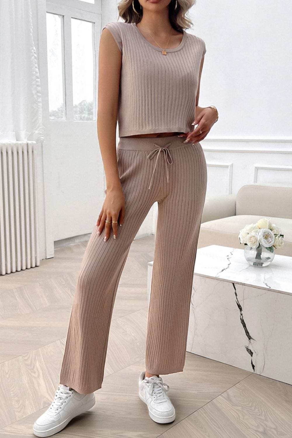 Ribbed Round Neck Top and Pants Set - Trendsi - Flyclothing LLC