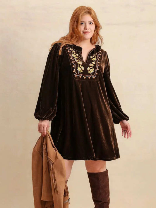 Plus Size Embroidered Notched Balloon Sleeve Mini Dress - Trendsi - Flyclothing LLC