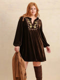 Plus Size Embroidered Notched Balloon Sleeve Mini Dress - Trendsi
