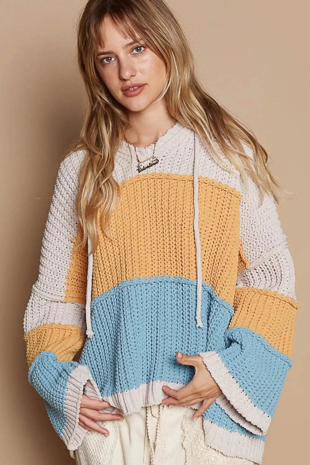 POL Color Block Long Sleeve Hooded Sweater - Trendsi