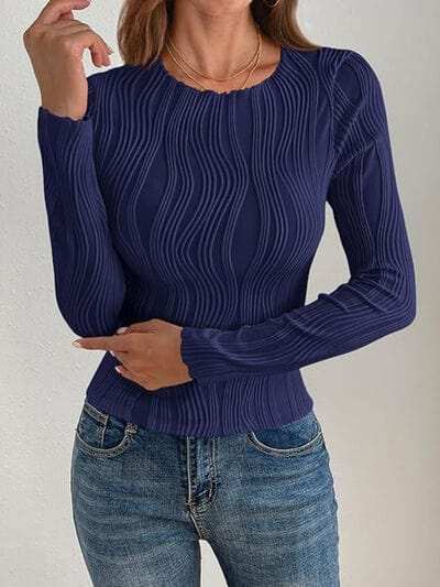 Textured Round Neck Long Sleeve Top - Trendsi - Flyclothing LLC
