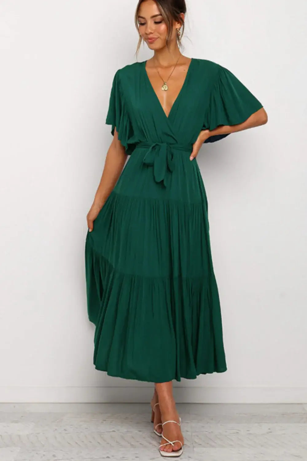Front Tie Short Sleeve Tiered Midi Dress - Trendsi - Flyclothing LLC