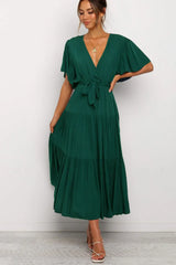 Front Tie Short Sleeve Tiered Midi Dress - Trendsi - Flyclothing LLC