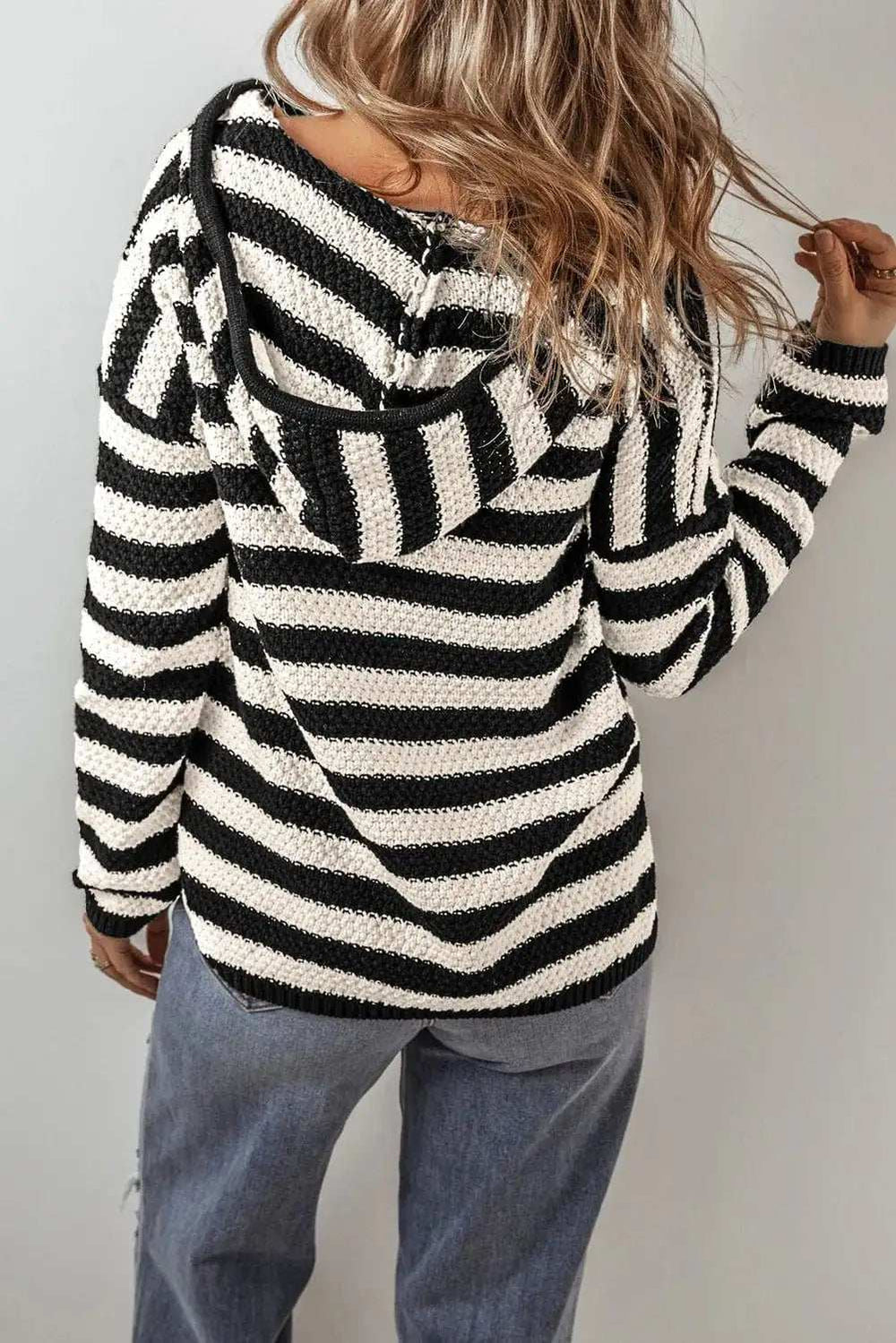 Drawstring Striped Long Sleeve Hooded Sweater - Trendsi - Flyclothing LLC