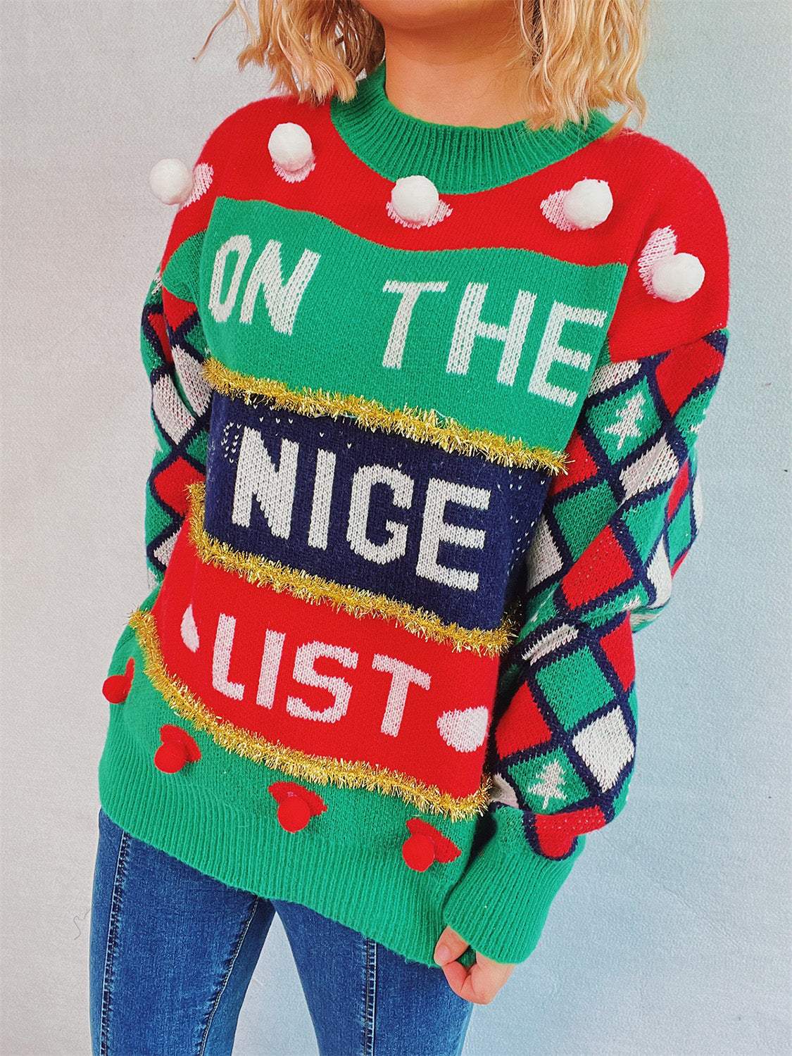 Pom-Pom Contrast Round Neck Long Sleeve Sweater - Trendsi - Flyclothing LLC