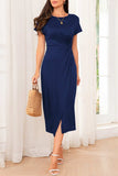 Slit Round Neck Short Sleeve Midi Dress - Trendsi - Flyclothing LLC