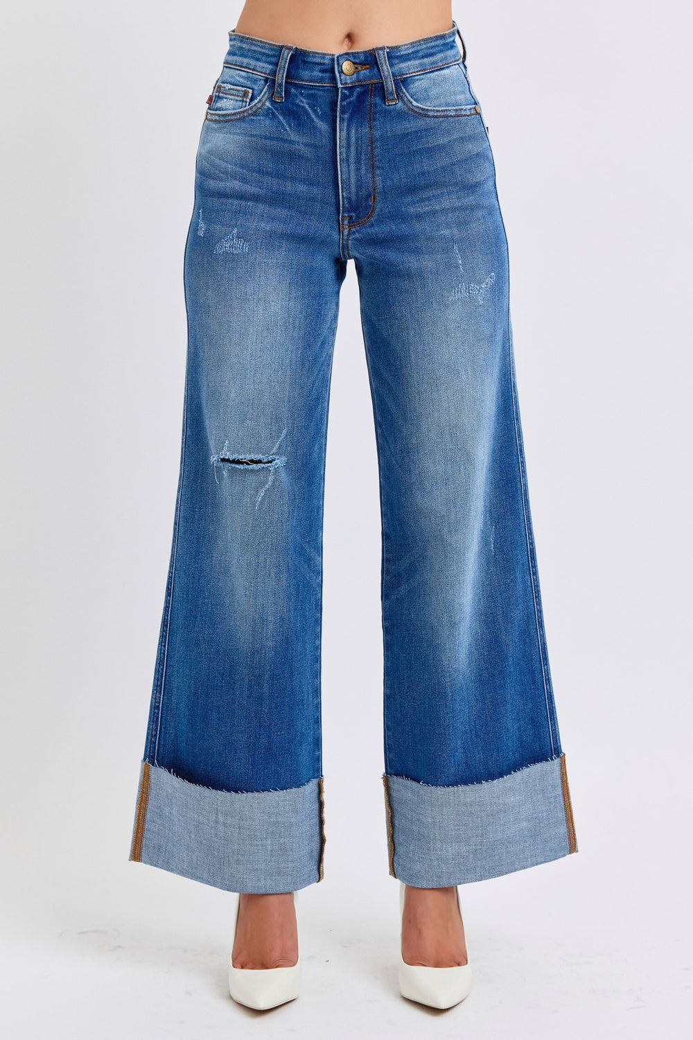 Judy Blue Full Size Distressed High Waist Wide Leg Jeans - Trendsi