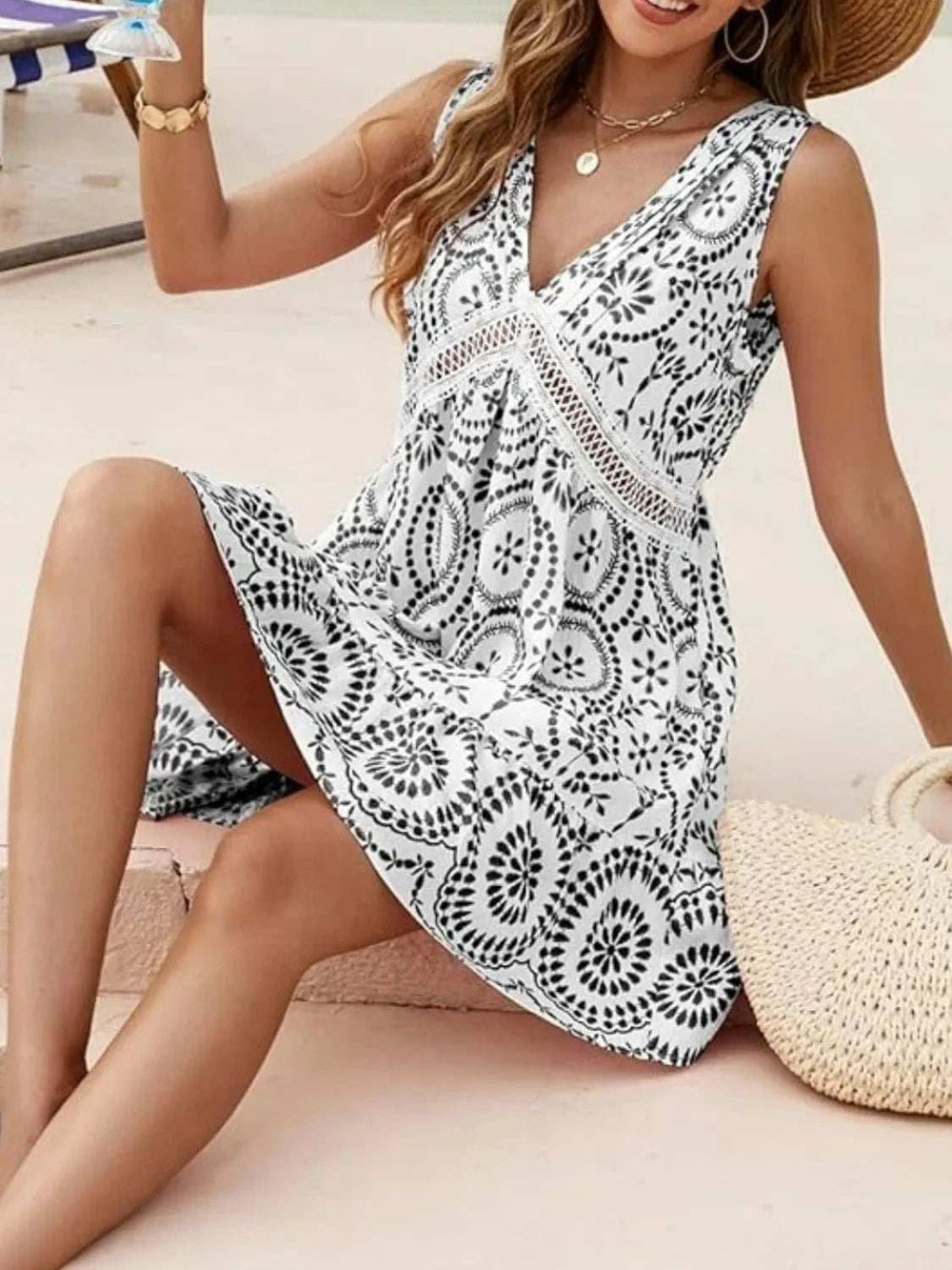 Printed V-Neck Sleeveless Mini Dress - Trendsi - Flyclothing LLC