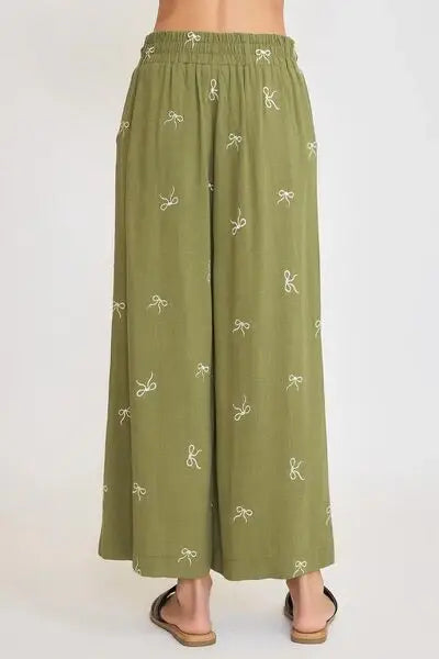 Umgee Full Size Lace Drawstring Embroidered Bow Wide Leg Pants Plus Size - Trendsi - Flyclothing LLC