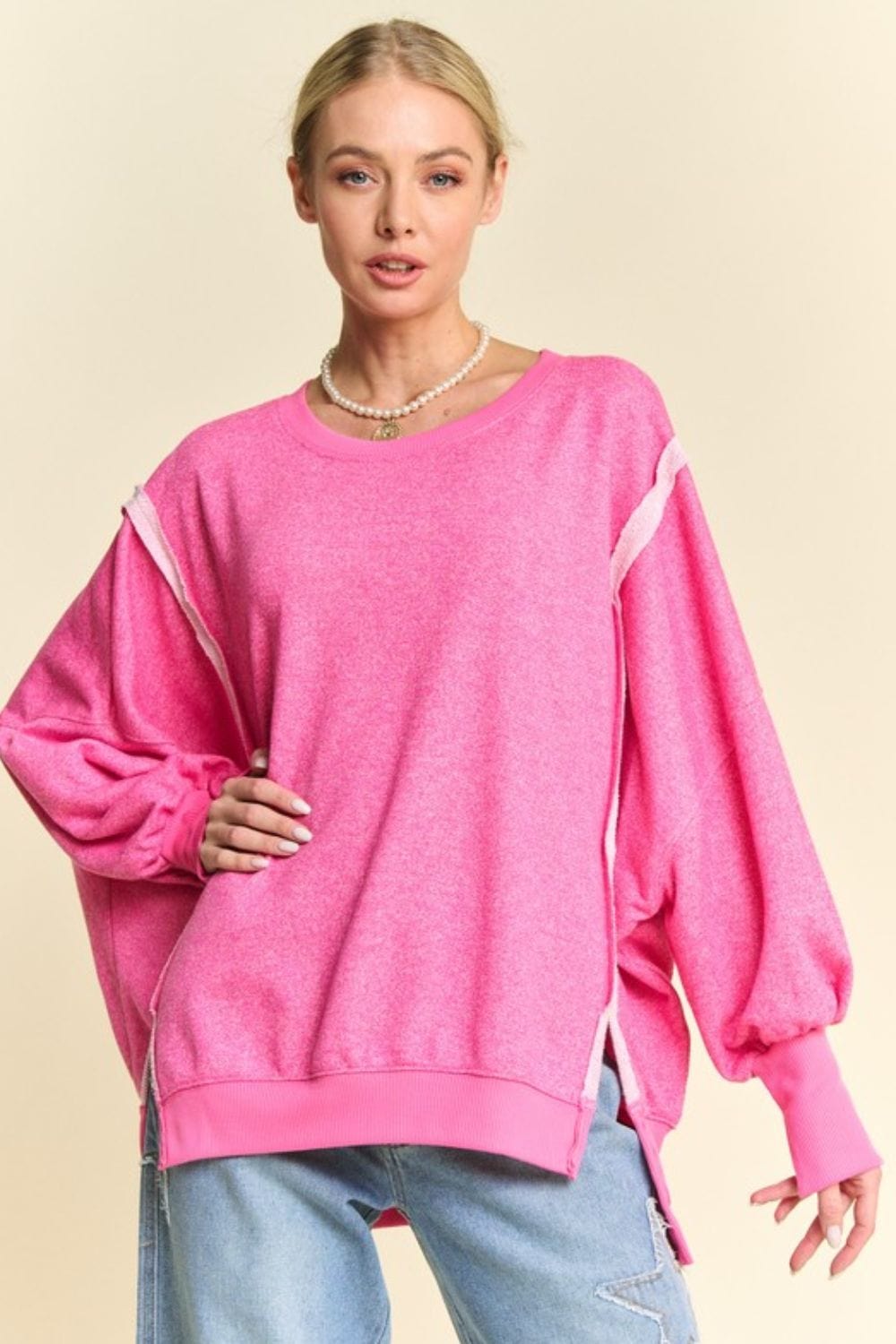 Davi & Dani Side Slit High-Low Lantern Sleeve Knit Top - Trendsi