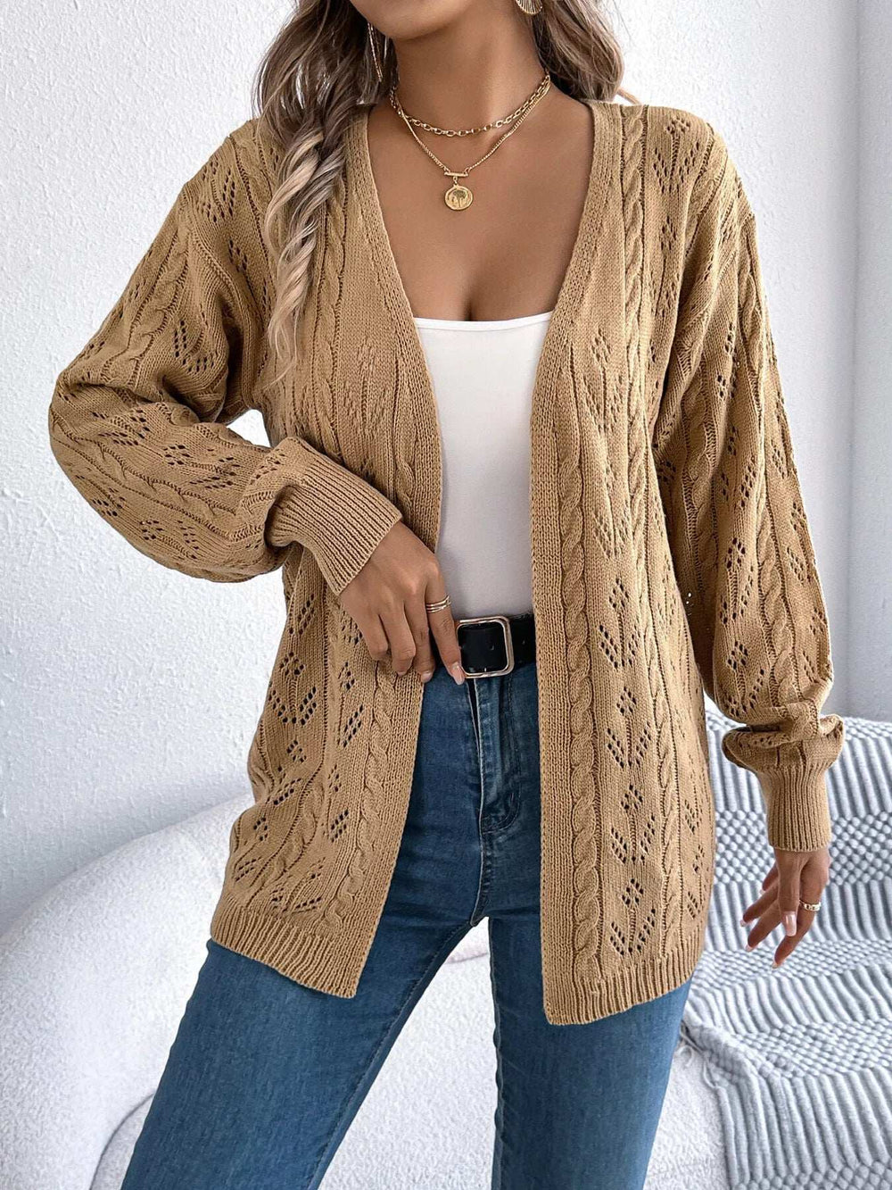 Openwork Open Front Long Sleeve Cardigan - Trendsi - Flyclothing LLC