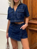 Johnny Collar Short Sleeve Top and Skort Denim Set - Trendsi - Flyclothing LLC