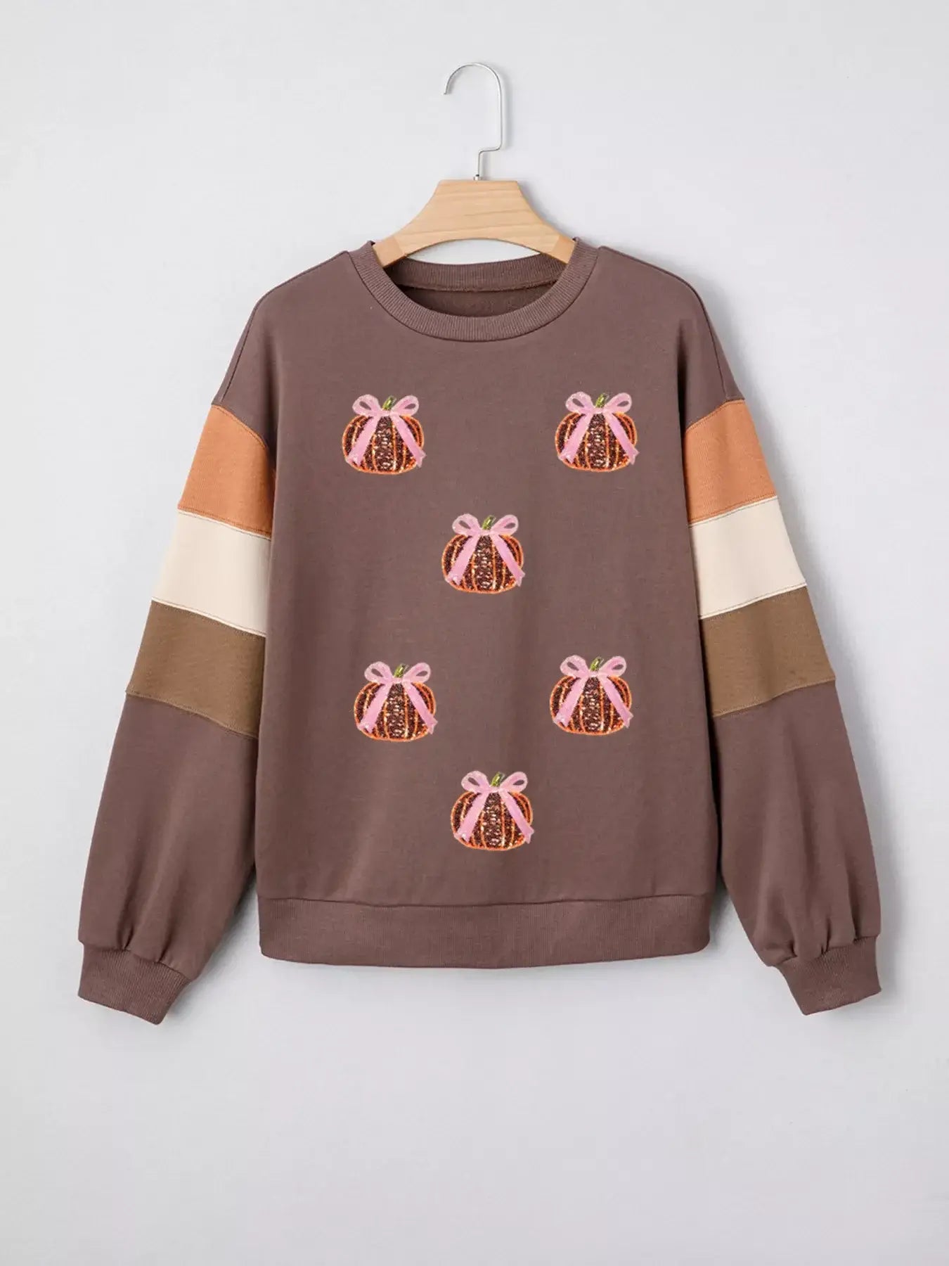 Sequin Bow Pumpkin Round Neck Sweatshirt - Trendsi - Flyclothing LLC