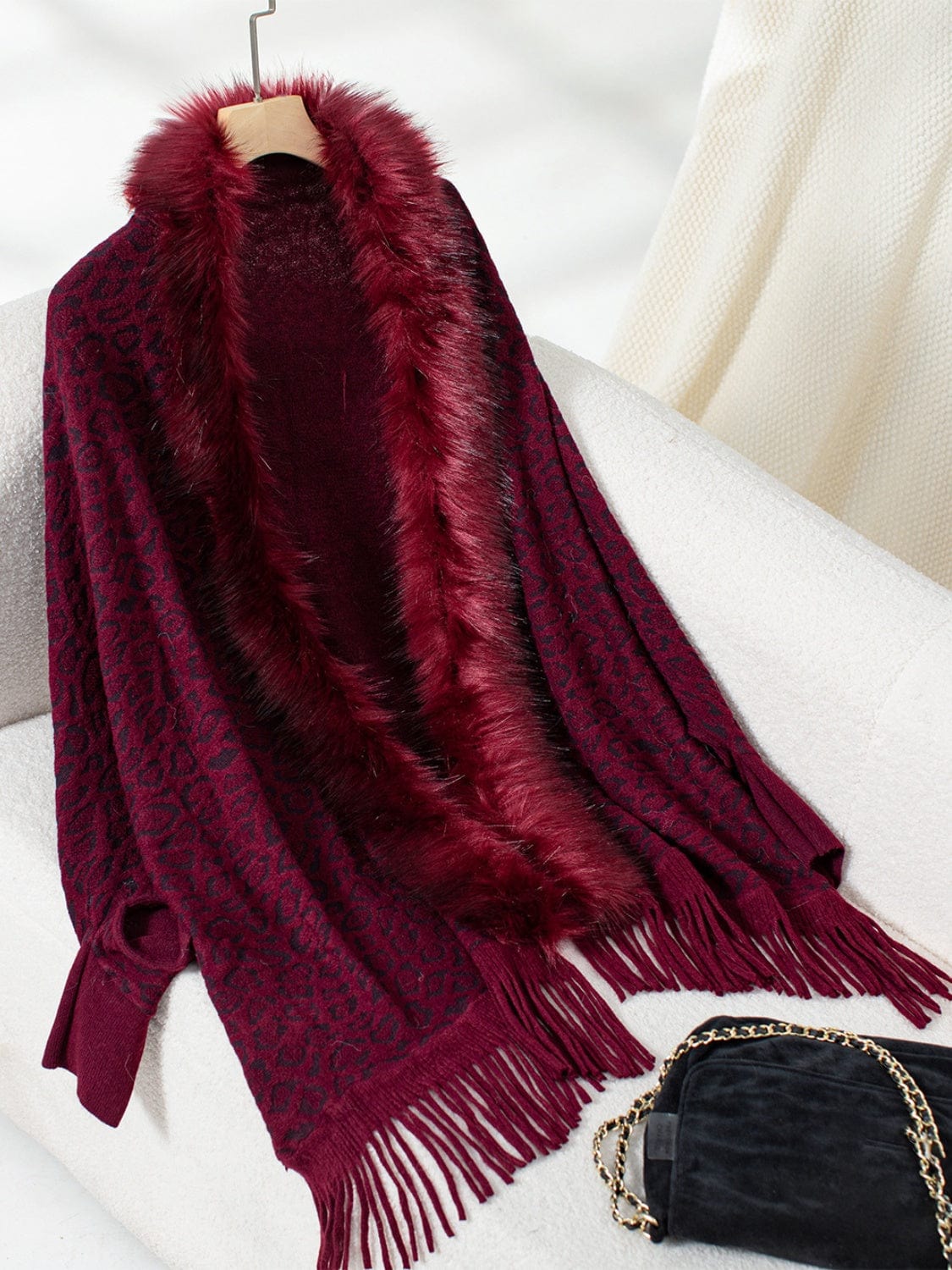 Fringe Leopard Open Front Long Sleeve Poncho - Trendsi