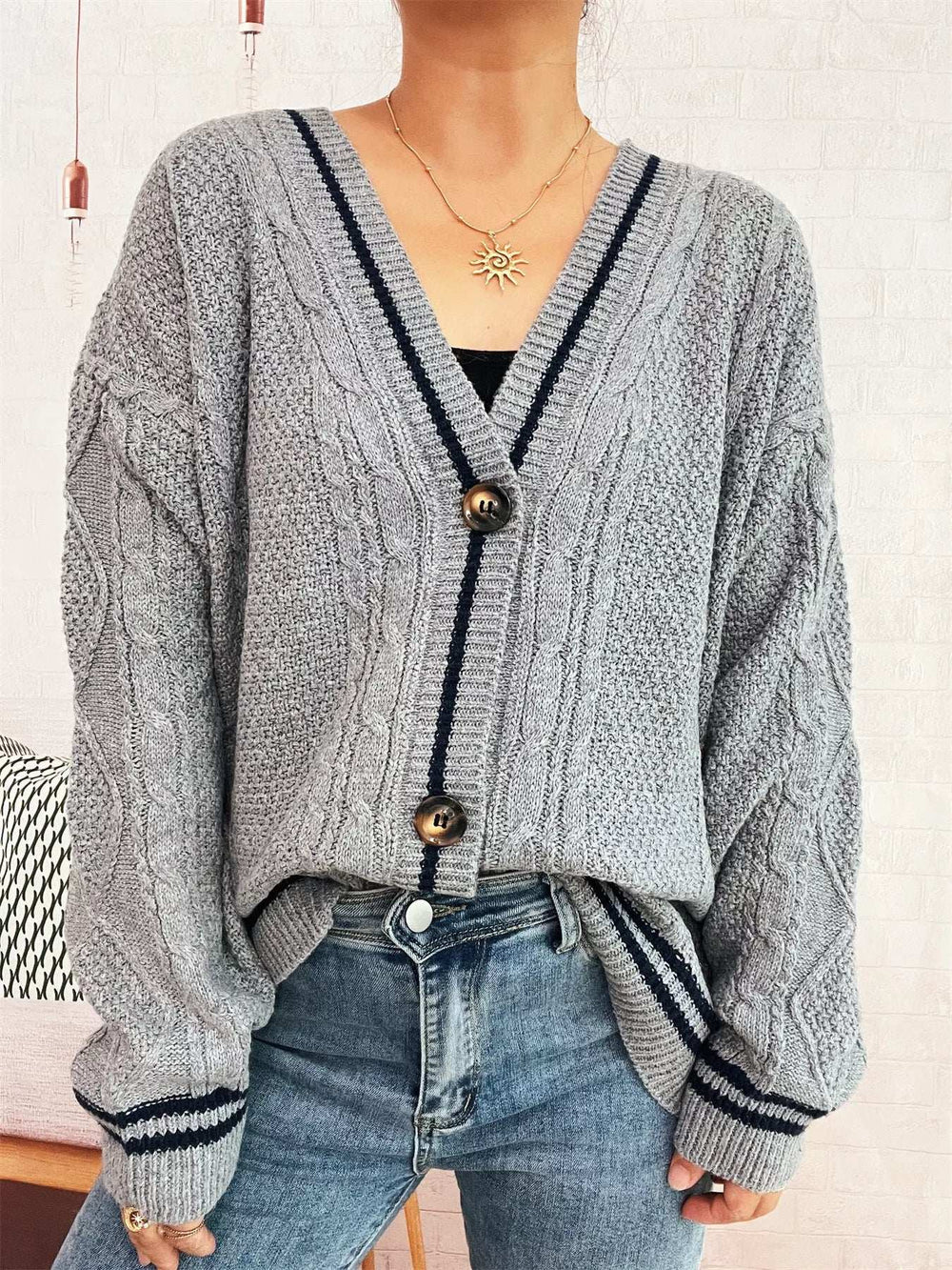 Star Pattern Button-Up Cardigan with Contrast Trim - Trendsi - Flyclothing LLC