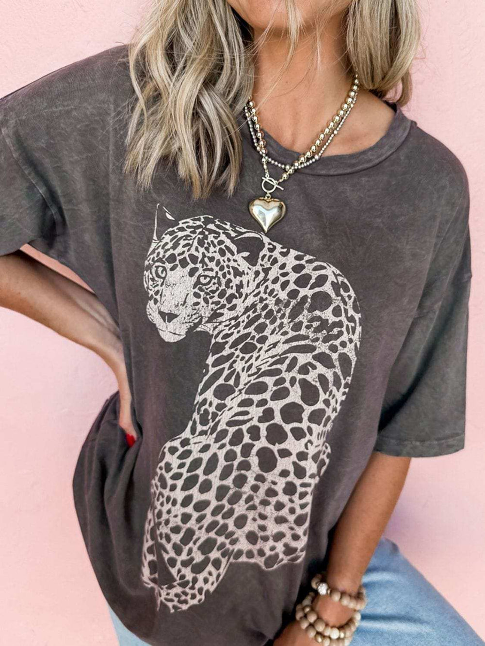 Cheetah Mineral Wash Round Neck Half Sleeve T-Shirt - Trendsi - Flyclothing LLC
