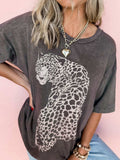 Cheetah Mineral Wash Round Neck Half Sleeve T-Shirt - Trendsi - Flyclothing LLC