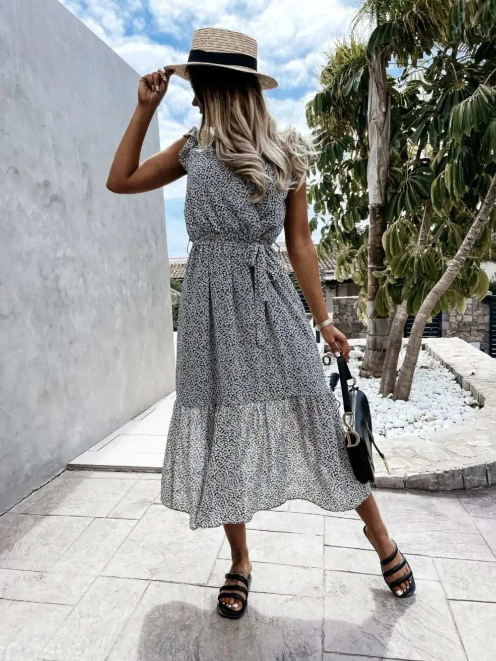 Ruffled Surplice Printed Cap Sleeve Dress - Trendsi - Flyclothing LLC