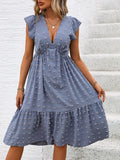 Swiss Dot V-Neck Cap Sleeve Dress - Trendsi