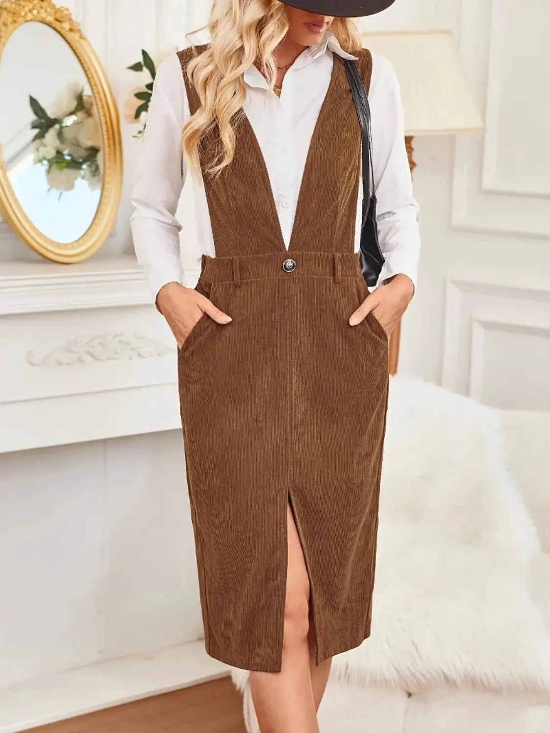 Front Slit Overall Dress with Pockets - Trendsi - Flyclothing LLC