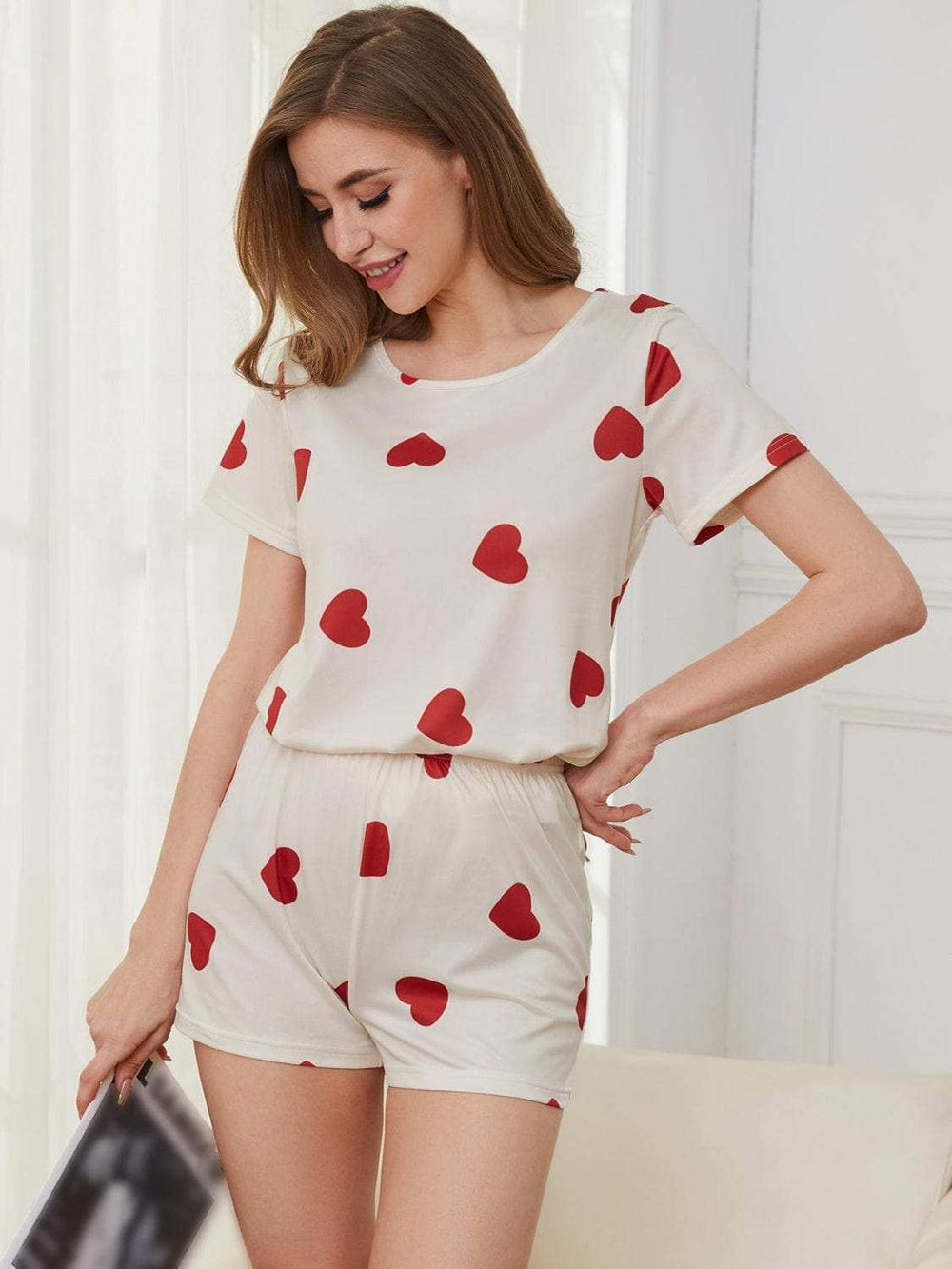 Heart Round Neck Top and Shorts Lounge Set - Trendsi - Flyclothing LLC