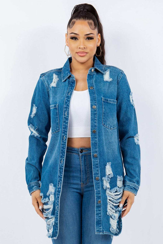 American Bazi Distressed Button Up Long Sleeve Denim Jacket - Trendsi - Flyclothing LLC