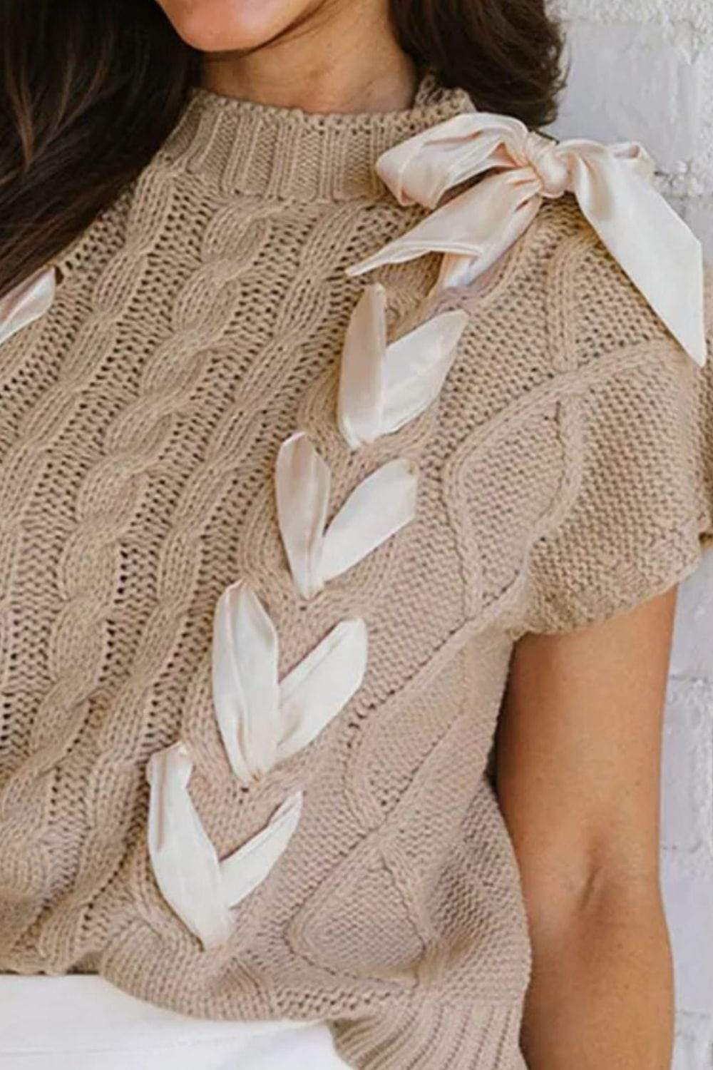 Cable-Knit Tied Mock Neck Short Sleeve Sweater - Trendsi - Flyclothing LLC