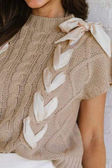 Cable-Knit Tied Mock Neck Short Sleeve Sweater - Trendsi - Flyclothing LLC