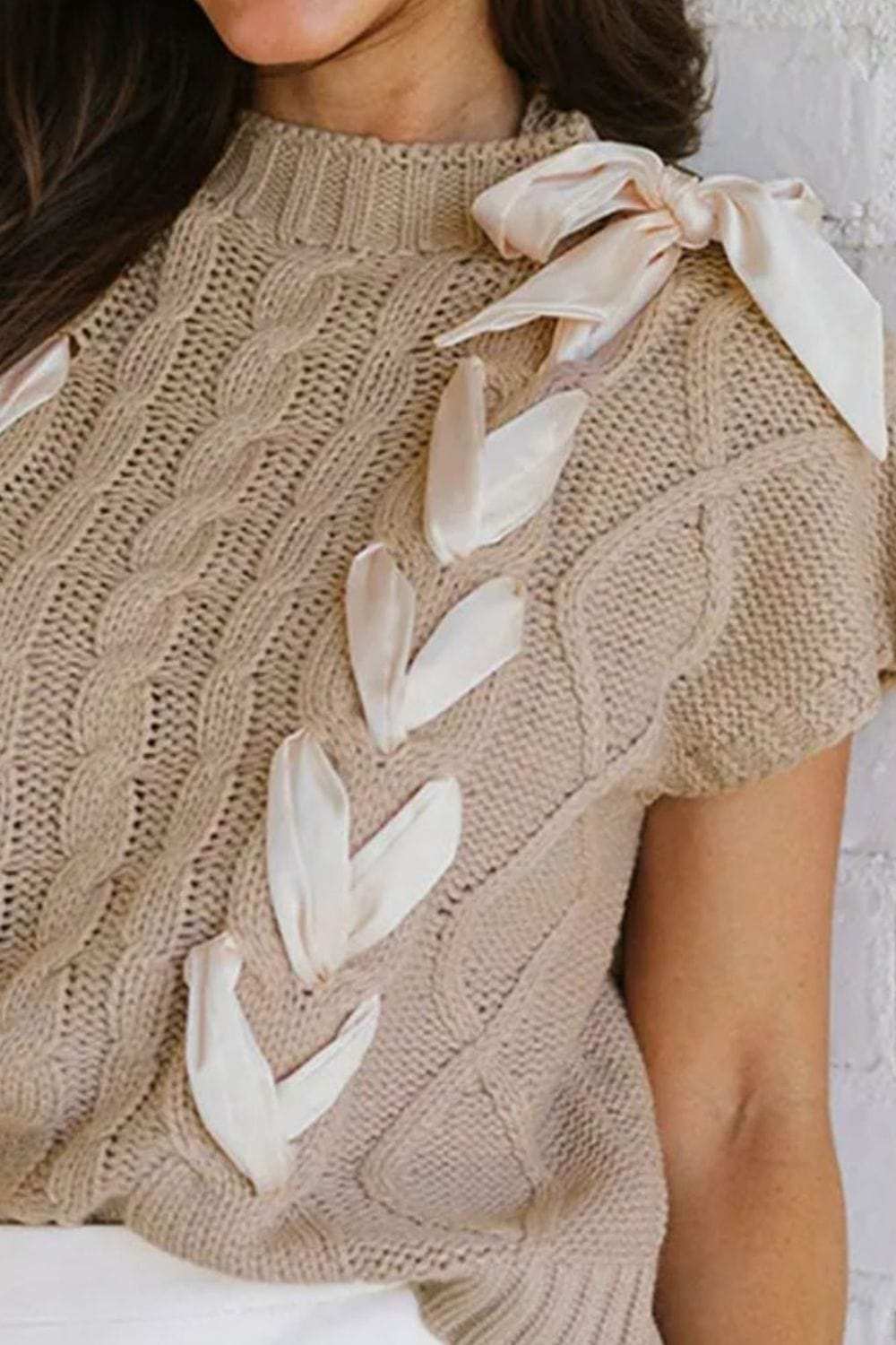 Cable-Knit Tied Mock Neck Short Sleeve Sweater - Trendsi - Flyclothing LLC