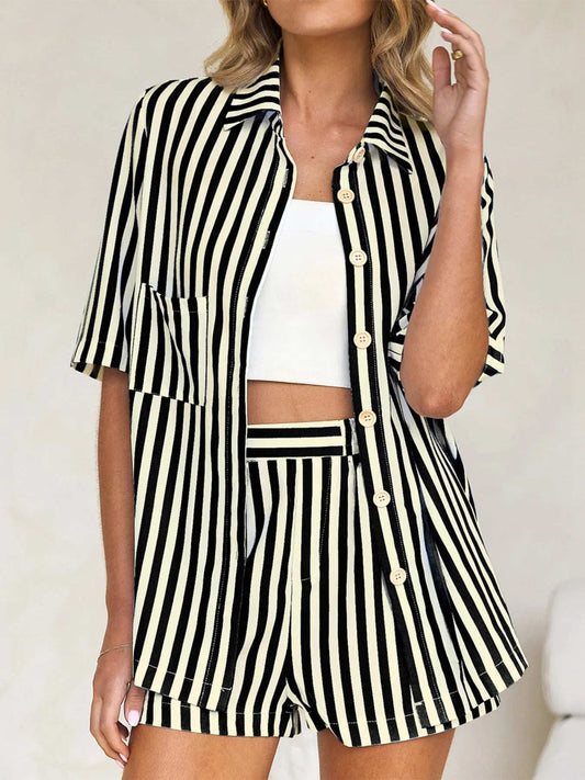 Striped Button Up Shirt and Shorts Set - Trendsi - Flyclothing LLC