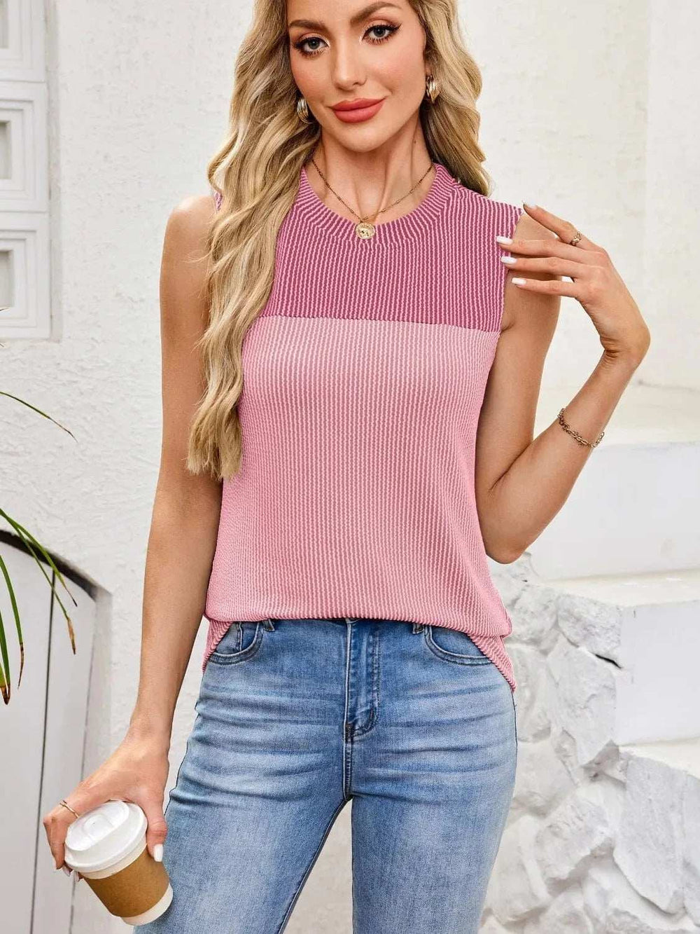 Textured Round Neck Tank - Trendsi - Flyclothing LLC