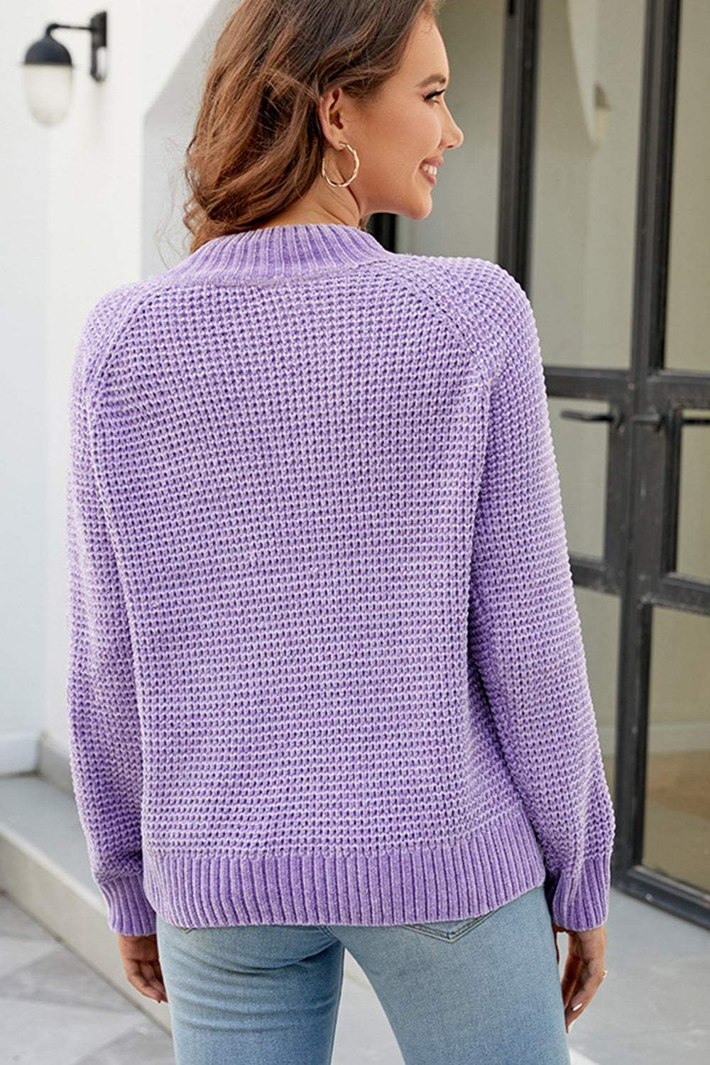 Waffle-Knit Round Neck Reglan Sleeve Sweater - Trendsi - Flyclothing LLC