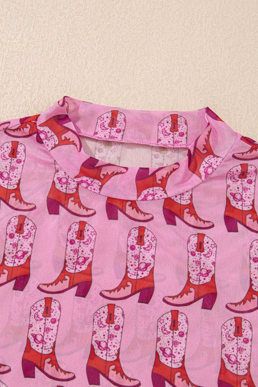 Cowgirl Boots Printed Mock Neck Long Sleeve Mesh Top - Trendsi - Flyclothing LLC