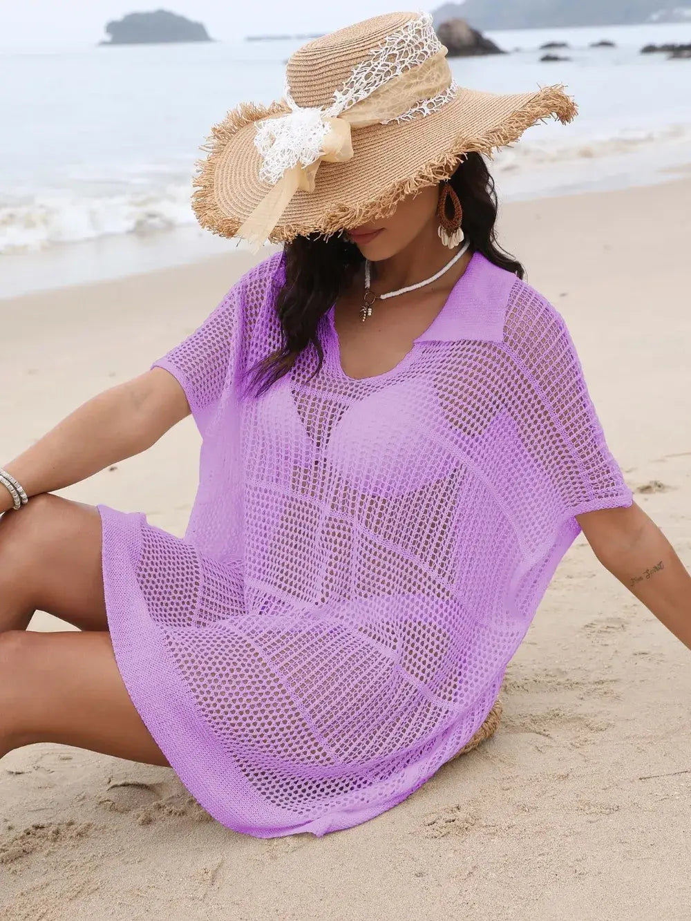 Hollow Out Collared Neck Cover-Up - Trendsi - Flyclothing LLC