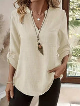 Casual V-Neck Roll-Sleeve T-Shirt with Pocket - Trendsi - Flyclothing LLC