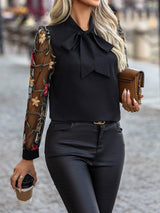 Printed Tie Neck Long Sleeve Blouse - Trendsi - Flyclothing LLC