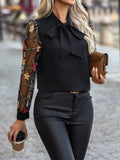 Printed Tie Neck Long Sleeve Blouse - Trendsi