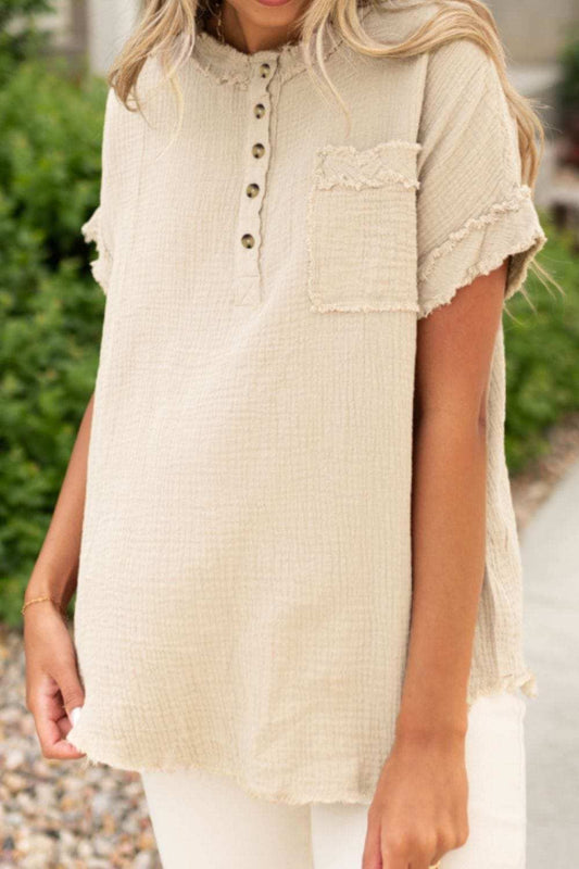 Textured Frayed Trim Half Button Short Sleeve Top - Trendsi - Flyclothing LLC