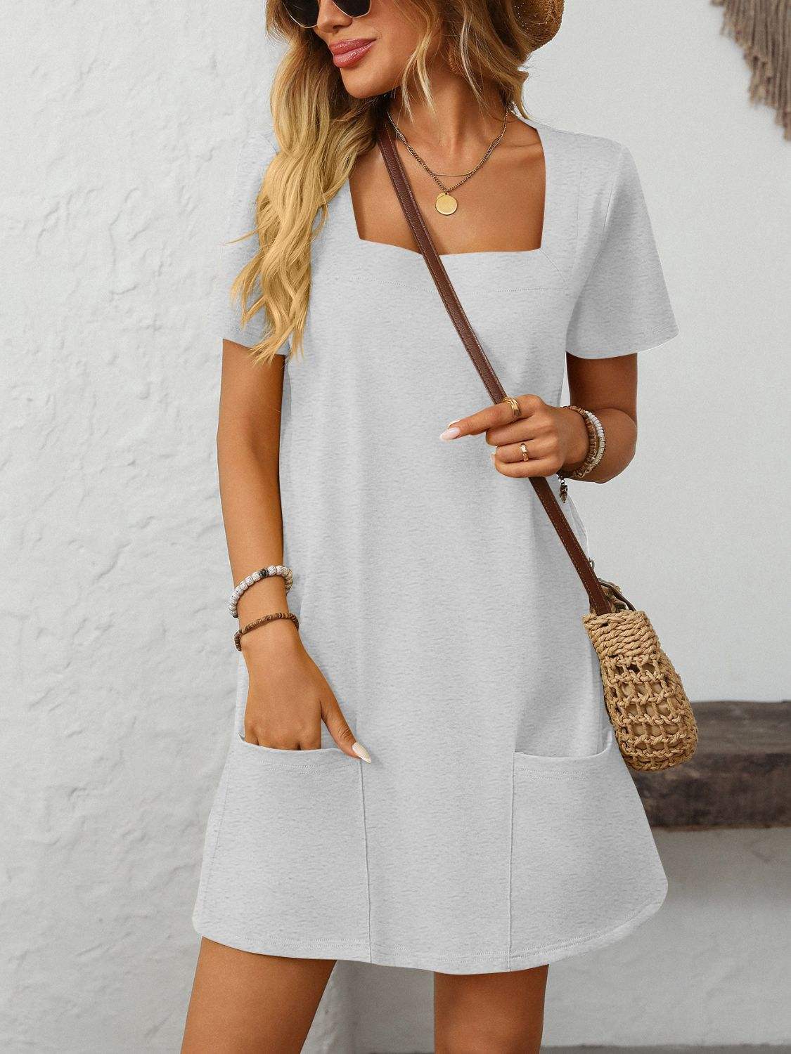 Mandy Square Neck Short Sleeve Mini Dress - Trendsi - Flyclothing LLC