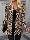 Leopard Open Front Puff Sleeve Jacket - Trendsi