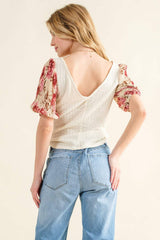 And The Why Full Size Floral Print Textured Sleeve Knit Top - Trendsi - Flyclothing LLC