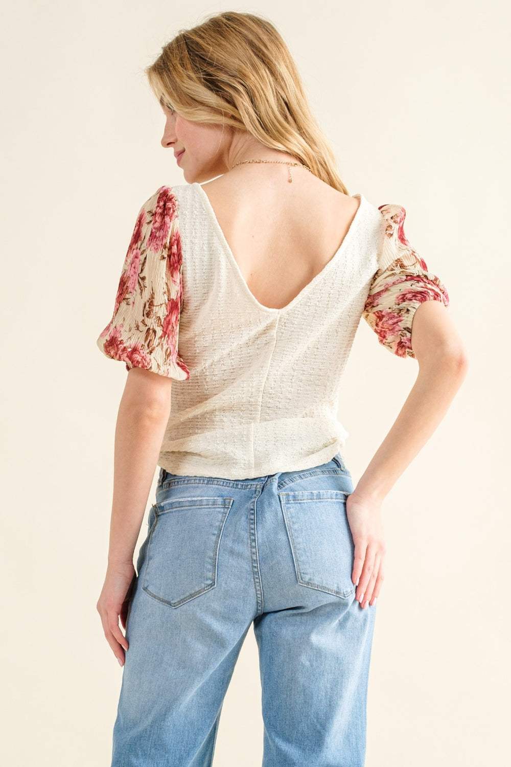 And The Why Full Size Floral Print Textured Sleeve Knit Top - Trendsi - Flyclothing LLC