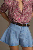 Pleated Patchwork Panel Lightweight Denim Shorts - Trendsi