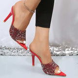 Sequin Point Toe Kitten Heel Sandals - Trendsi - Flyclothing LLC