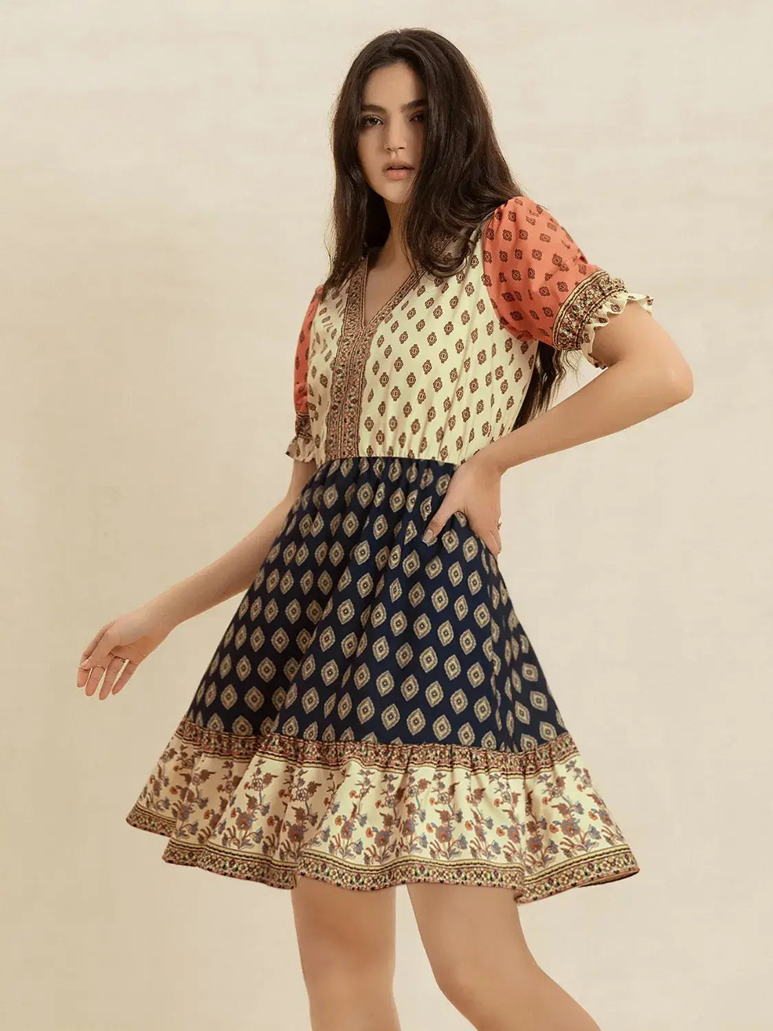 Printed V-Neck Short Sleeve Dress - Trendsi - Flyclothing LLC